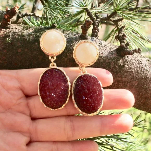 Anthropologie Druzy Wine Teardrop Dangle Earrings - Picture 6 of 12